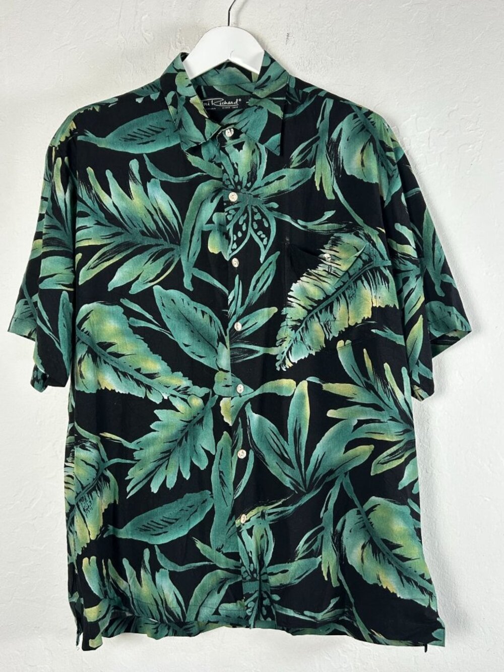 Tori Richard Mens Black Green Floral Hawaiian Shirt Large Button-Up Short Sleeve